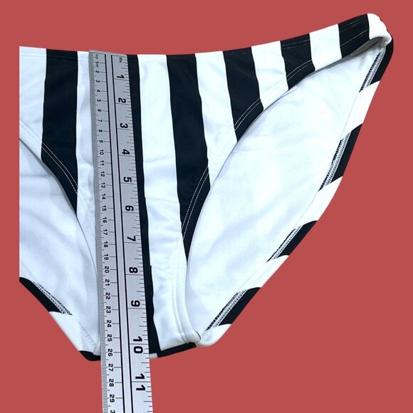 Shade & Shore-Women's Striped Medium Coverage Bikini Bottom-White/Black-L(12-14) - Picture 6 of 14